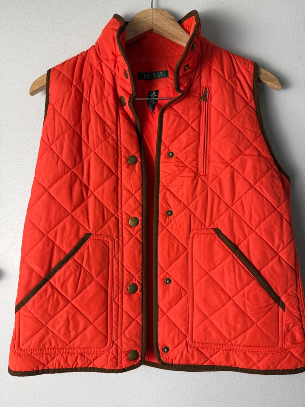 Lauren Ralph Lauren Bright Orange Quilted Vest with Brown Trim Very Good Cond